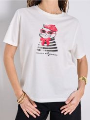 Bawełniana koszulka z nadrukiem kota - kremowy. Białe t-shirty damskie Sinsay, l, bez wzorów, z bawełny, bez kołnierzyka. W wyprzedaży za 13.99 zł.