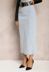 Jasnoniebieska Jeansowa Spódnica Midi Bawełniana z Ażurowym Paskiem i Klamrą Allerio. Niebieskie spódniczki damskie Renee, l, w ażurowe wzory, z bawełny, eleganckie, midi. Za 159.99 zł.