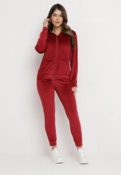 Bordowy Komplet Dresowy z Welurowej Dzianiny z Bluzą i Spodniami Ariliv. Czerwone bluzy z kapturem damskie Born2be, s, z dresówki. Za 79.99 zł.