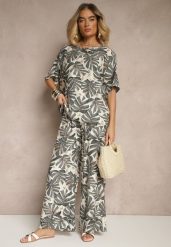 Szary Komplet z Wiskozy Zdobiony Roślinnym Printem T-shirt i Szerokie Spodnie Evialena. Szare spodnie materiałowe damskie Renee, z aplikacjami, z wiskozy, eleganckie. Za 74.99 zł.