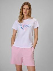 4F T-shirt regular z nadrukiem damski - biały S. Białe t-shirty damskie 4f, s, bez wzorów, z bawełny, bez kołnierzyka. Za 59.99 zł.