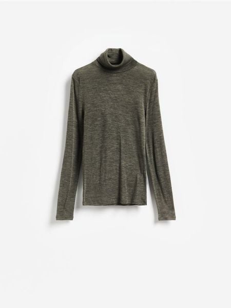 Golf z wełny merino - ciemnozielony. Zielone golfy damskie Reserved, l, bez wzorów, z wełny, bez ramiączek. Za 199.99 zł.