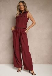 Bordowy Wiskozowy Komplet Bluzka z Kołnierzykiem i Spodnie o Szerokim Kroju Efavina. Czerwone spodnie materiałowe damskie Renee, bez wzorów, z bawełny, eleganckie. Za 179.99 zł.