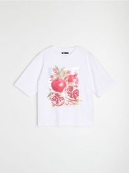 Bawełniana koszulka z motywem owoców granatu - biały. Białe t-shirty damskie Sinsay, l, bez wzorów, z bawełny, bez kołnierzyka. Za 25.99 zł.