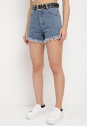 Niebieskie Szorty Jeansowe z Modnie Postrzępionymi Nogawkami i Paskiem z Ekoskóry Piorita. Niebieskie szorty damskie Born2be, bez wzorów, z jeansu, eleganckie. Za 119.99 zł.