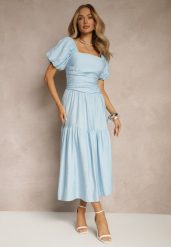 Niebieska Sukienka Wiskozowa Drapowana z Rozkloszowanym Dołem Naprine. Niebieskie sukienki damskie Renee, na co dzień, l, bez wzorów, z wiskozy, eleganckie, bez kołnierzyka, bez ramiączek, midi, rozkloszowane. W wyprzedaży za 111.99 zł.