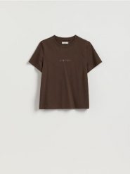 T-shirt z nadrukiem - ciemnobrązowy. Brązowe t-shirty damskie Reserved, l, bez wzorów, z bawełny, bez kołnierzyka. Za 45.99 zł.