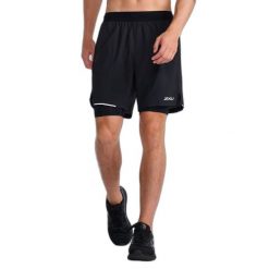 7-calowe spodenki 2 w 1 2XU Aero. Czarne szorty męskie 2XU, z materiału, bez kołnierzyka. Za 510.50 zł.