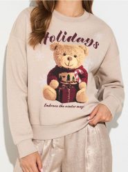 Bluza crewneck z motywem świątecznym - beżowy. Brązowe bluzy bez kaptura damskie Sinsay, l. W wyprzedaży za 19.99 zł.