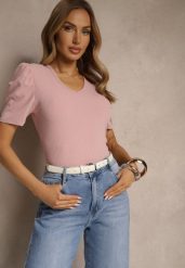 Różowy T-shirt z Trójkątnym Dekoltem Sunille. Czerwone t-shirty damskie Renee, m, bez wzorów, z jeansu, bez kołnierzyka. Za 34.99 zł.