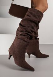 Ciemnobrązowe Marszczone Kozaki na Obcasie Typu Kaczuszka Alevitte. Brązowe kozaki damskie Born2be, z jeansu, bez obcasa, na obcasie. Za 159.99 zł.