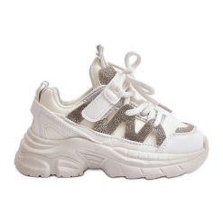 Sneakersy Dziecięce Z Cyrkoniami Białe Rianalla. Białe buty sportowe dziewczęce bez wzorów, z materiału, bez zapięcia. Za 159.39 zł.