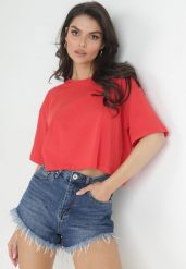 Czerwony Krótki T-shirt z Gładkiej Dzianiny Alinthea. Czerwone t-shirty damskie Born2be, xl, bez wzorów, z dzianiny, bez kołnierzyka. Za 29.99 zł.
