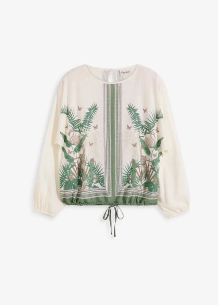 Tunika shirtowa z nadrukiem. Białe tuniki damskie bonprix, bez wzorów, eleganckie, bez kołnierzyka, bez ramiączek. Za 107.99 zł.