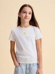 Bawełniany T-shirt z haftem - złamana biel. Koszulki dziewczęce Reserved, bez wzorów, z bawełny, bez ramiączek. W wyprzedaży za 19.99 zł.