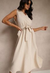 Beżowa Koszulowa Sukienka Bez Rękawów z Wiązanym Paskiem Lideene. Brązowe sukienki damskie Renee, na co dzień, bez wzorów, eleganckie, bez kołnierzyka, bez ramiączek, midi, kopertowe. Za 119.99 zł.