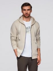 Bluza męska dresowa BASIC rozpinana z kapturem - jasnobeżowa V1 - Rozmiar: XL. Brązowe bluzy z kapturem męskie Ombre Clothing, m, z bawełny. Za 209.99 zł.