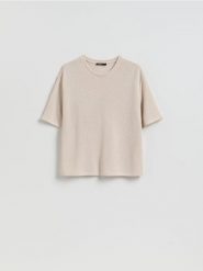 T-shirt z wiskozą - beżowy. Brązowe t-shirty damskie Reserved, l, bez wzorów, z dzianiny, bez kołnierzyka. Za 59.99 zł.