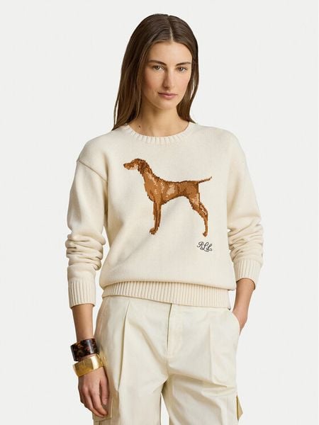 LAUREN RALPH LAUREN Sweter 200P14120001 Kremowy Regular Fit. Białe swetry klasyczne damskie Lauren Ralph Lauren, xl, z bawełny, bez kołnierzyka. Za 1,199.00 zł.