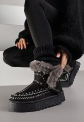 Czarne Śniegowce na Platformie z Futerkiem i Haftowanym Wzorem Celatusa. Czarne śniegowce damskie Renee, z jeansu. Za 89.99 zł.