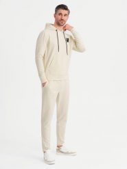 Męski komplet dresowy bluza z kapturem + spodnie dresowe - kremowy V2 Z107 - XXL. Białe bluzy z kapturem męskie Ombre Clothing, l, z bawełny. Za 239.99 zł.