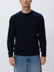 Sweter z warkoczowym splotem - granatowy. Niebieskie swetry męskie Reserved, l, bez wzorów, z bawełny, bez kołnierzyka. Za 139.99 zł.
