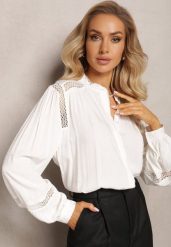Biała Koszula z Wiskozy ze Stójką i Koronkowymi Wstawkami przy Ramionach Meami. Białe koszule damskie Renee, l, w ażurowe wzory, z koronki, boho, bez kołnierzyka, bez ramiączek. Za 119.99 zł.