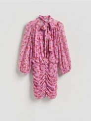 Sukienka mini z wiązaniem - wielobarwny. Sukienki damskie Reserved, l, bez wzorów, z tkaniny, bez kołnierzyka, bez ramiączek, mini, dopasowane. Za 179.99 zł.