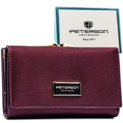 Fioletowy portfel damski wykonany ze skóry naturalnej i ekologicznej zamykany zatrzaskiem i biglem PTN PS108-HNL Peterson. Fioletowe portfele damskie Peterson, bez wzorów, ze skóry. Za 129.99 zł.