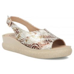 Skórzane sandały damskie na koturnie złote Filippo DS7581. Żółte sandały damskie Filippo, bez wzorów, ze skóry, bez obcasa, na koturnie. Za 189.99 zł.