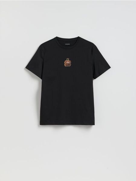 T-shirt regular z bawełny merceryzowanej - czarny. Czarne t-shirty męskie Reserved, l, bez wzorów, z bawełny, bez kołnierzyka. W wyprzedaży za 45.99 zł.