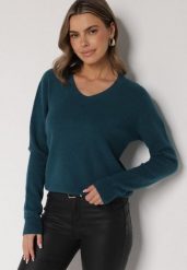 Niebieski Sweter z Wiskozą i Wełną z Dekoltem w Serek Claida. Niebieskie swetry klasyczne damskie Born2be, z jeansu, bez kołnierzyka. Za 109.99 zł.