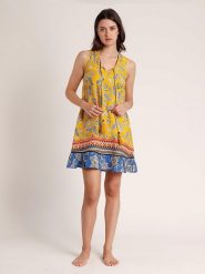 Admas Sukienka w kolorze żółto-niebieskim rozmiar: L. Żółte sukienki damskie admas, l, bez wzorów, z wiskozy, bez kołnierzyka, bez ramiączek, mini. Za 82.99 zł.