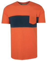 T-Shirt Granatowo-Pomarańczowy w Pasy, z Kieszonką, Męski, Koszulka, Krótki Rękaw, U-neck. Niebieskie t-shirty męskie Porthal, na lato, m, bez wzorów, z bawełny, bez kołnierzyka. Za 115.00 zł.