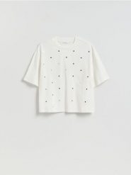 Bawełniany t-shirt z aplikacją - biały. Białe t-shirty damskie Reserved, l, z aplikacjami, z bawełny, bez kołnierzyka. Za 79.99 zł.