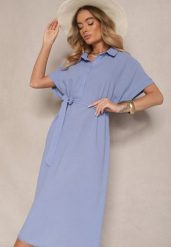 Granatowa Wiskozowa Sukienka Koszulowa z Wiązanym Paskiem w Talii Vanisti. Niebieskie sukienki damskie Renee, na co dzień, l, bez wzorów, z wiskozy, eleganckie, bez kołnierzyka, bez ramiączek, midi, dopasowane. W wyprzedaży za 71.99 zł.