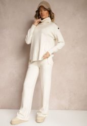 Jasnobeżowy Komplet z Wiskozą i Modalem Spodnie o Szerokim Kroju i Golf Ozdobiony Guzikami Sassifra. Brązowe golfy damskie Renee, bez wzorów, z materiału, eleganckie. Za 159.99 zł.