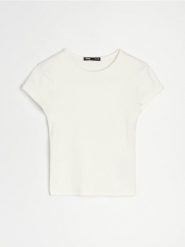 Bawełniana prążkowana koszulka z krótkim rękawem - kremowy. Białe t-shirty damskie Sinsay, l, bez wzorów, z bawełny, bez kołnierzyka. Za 19.99 zł.