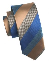 Elegancki i Modny Męski Krawat - Angelo di Monti - Beże i Niebieski, Duży Prążek. Niebieskie krawaty i muchy męskie Angelo di Monti, bez wzorów, z tkaniny, eleganckie. Za 45.00 zł.