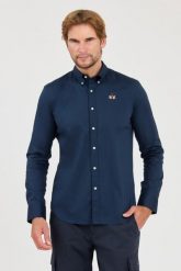 LA MARTINA Granatowa koszula Poplin Stretch. Niebieskie koszule męskie La Martina, l, bez wzorów, bez kołnierzyka, bez ramiączek. W wyprzedaży za 359.99 zł.