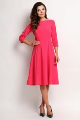 Różowa Elegancka Rozkloszowana Sukienka Midi z Rękawem 3/4. Czerwone sukienki damskie Awama, bez wzorów, z elastanu, eleganckie, bez kołnierzyka, bez ramiączek, midi, rozkloszowane. Za 197.90 zł.