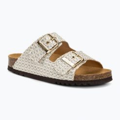 Klapki damskie Scholl Noelle Raf Te. Białe klapki damskie Scholl, bez wzorów, z materiału, bez obcasa. Za 319.99 zł.
