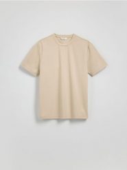 Strukturalny t-shirt comfort fit - beżowy. Brązowe t-shirty męskie Reserved, l, bez wzorów, z dzianiny, bez kołnierzyka. W wyprzedaży za 65.99 zł.