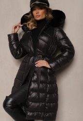Czarna Długa Kurtka Pikowana z Odpinanym Kapturem Ozdobionym Futerkiem i Paskiem Iveleti. Czarne kurtki damskie Renee, l, bez wzorów, z jeansu. Za 159.99 zł.