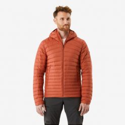 Kurtka puchowa turystyczna męska Forclaz MT100 -5°C. Brązowe kurtki męskie FORCLAZ, l, bez wzorów, z materiału, sportowe, z kapturem. Za 299.99 zł.