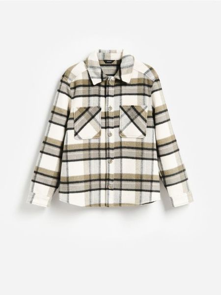 Koszula regular fit z domieszką wełny - złamana biel. Koszule męskie Reserved, l, bez wzorów, z dzianiny, bez kołnierzyka, bez ramiączek. Za 179.99 zł.