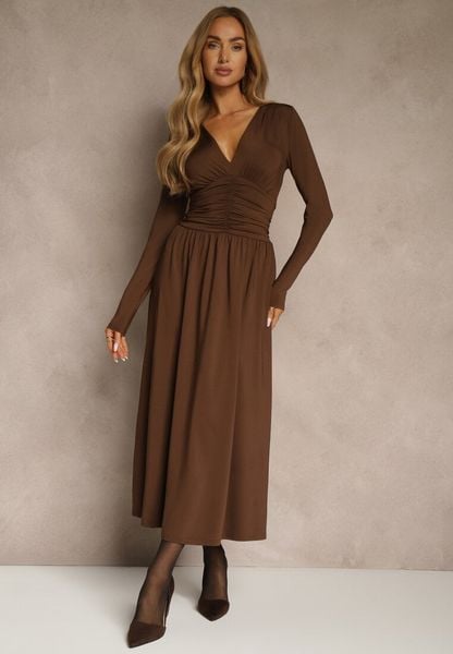 Brązowa Taliowana Sukienka Longsleeve z Wiskozą z Marszczeniem i Dekoltem V Elirie. Brązowe sukienki damskie Renee, na imprezę, l, bez wzorów, z wiskozy, bez kołnierzyka, bez ramiączek, maxi, oversize. Za 169.99 zł.