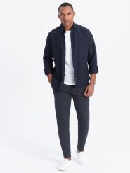 Spodnie męskie CARROT ze strukturalnej dwukolorowej dzianiny - granatowe V1 OM-PACP-0168 - XXL. Niebieskie spodnie materiałowe męskie Ombre Clothing, bez wzorów, z bawełny, casualowe. Za 179.99 zł.