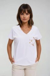 Bawełniany t-shirt z ozdobną kieszenią biały. Białe t-shirty damskie MOODO, m, bez wzorów, z bawełny, bez kołnierzyka. Za 49.99 zł.