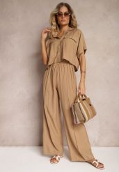 Brązowy 2-Częściowy Komplet z Wiskozy Koszula o Luźnym Kroju Szerokie Spodnie Velvitela. Brązowe koszule damskie Renee, bez wzorów, z materiału, eleganckie. Za 99.99 zł.